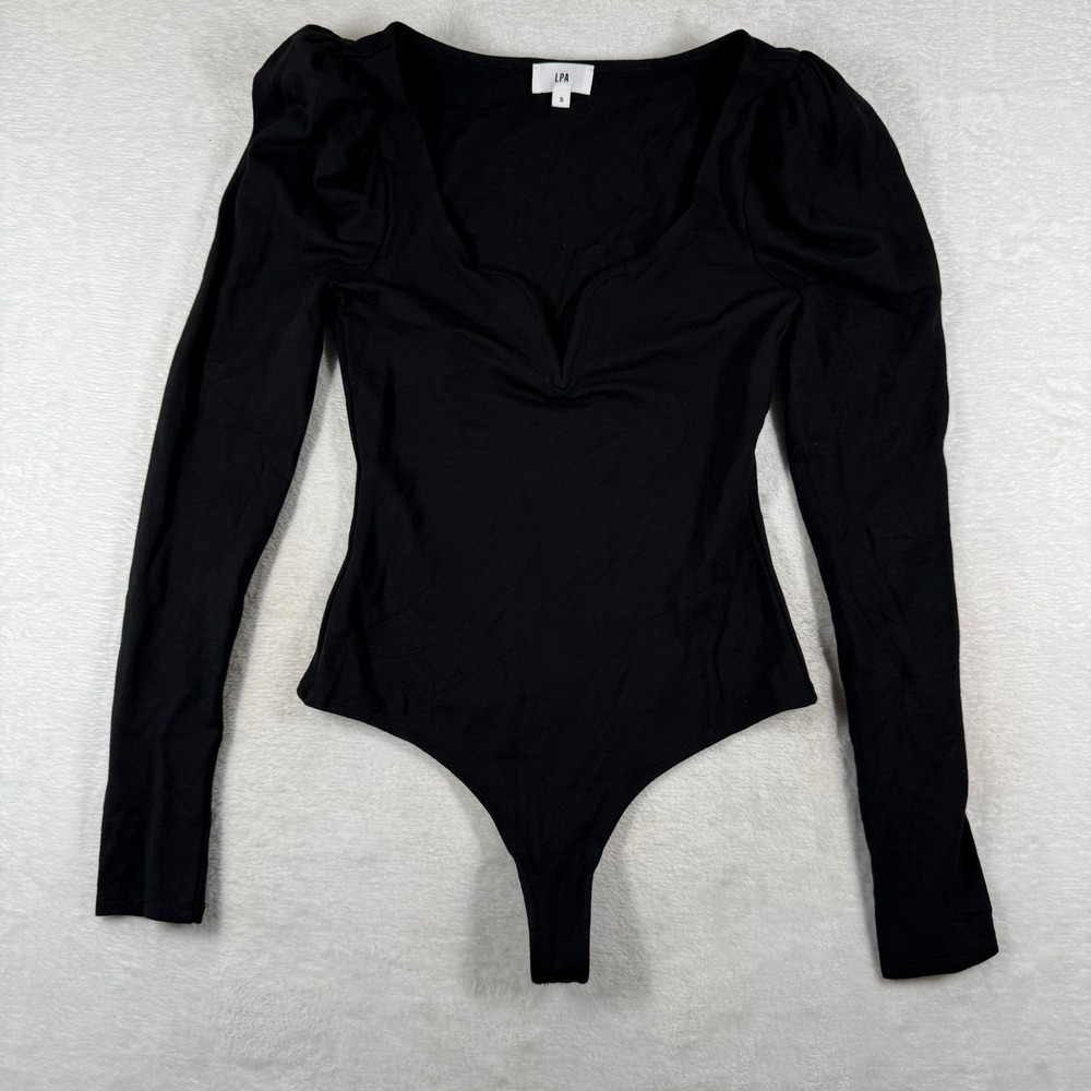 LPA Black Puff Shoulder V-Neck Long Sleeve Bodysuit Small RN 132829